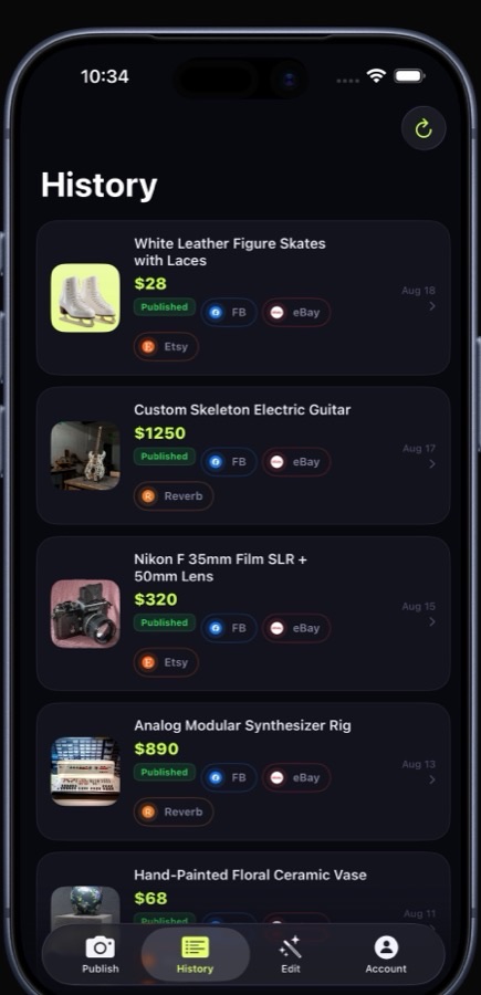 EzList app showing the History screen with sold items and their marketplace status